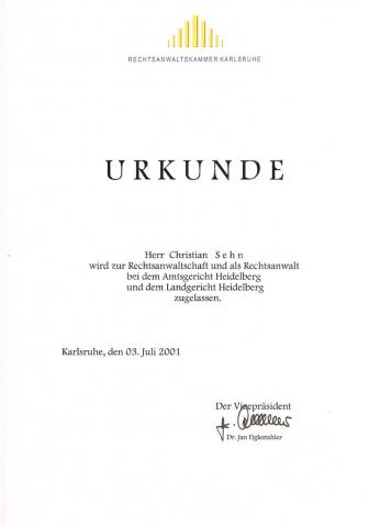 Das Bild zeigt das Anwaltsurkunde von Rechtsanwalt Christian Sehn